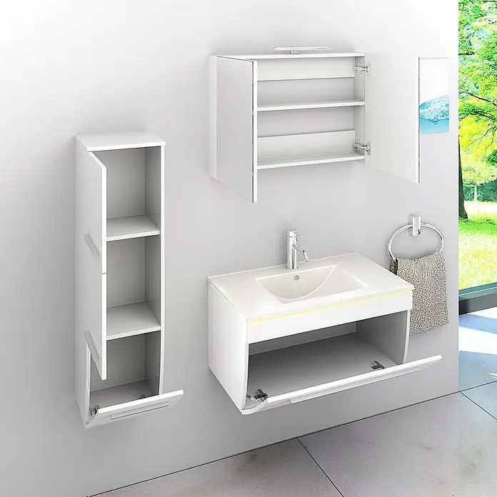 AcquaVapore Badmöbel-Set Fertigdusche Gently-3-B080-V2-L-F01 -  - Weißes Badmöbel-Set: wandmontierter Waschtisch mit Waschbecken, Hochschrank und Wandschrank, alle mit offenen Staufächern.