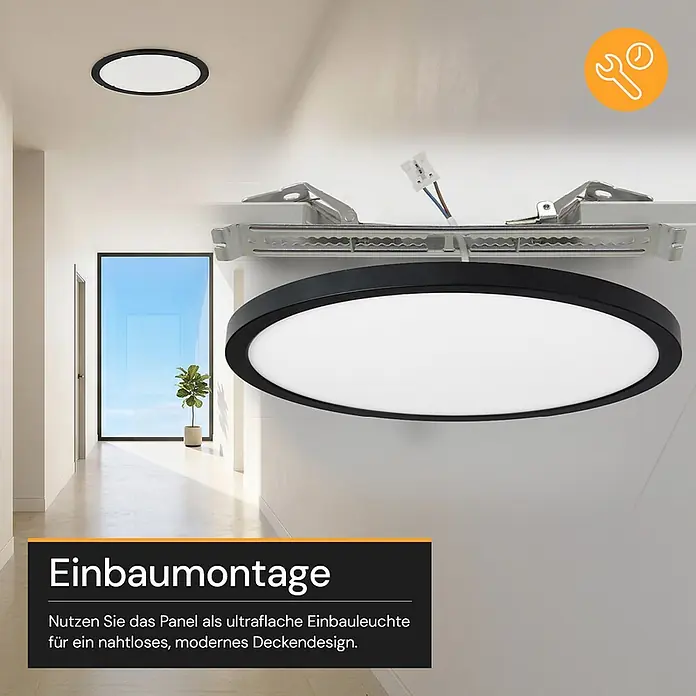 Enovalite LED-Deckenleuchte rund - 24 W, Ø x H: 29 x 1,95 cm, Schwarz, Schwarz, Mehrfarbig - Schwarze runde LED-Deckenleuchte, bündig in einer Decke installiert und mit Montagezubehör für die Einbaumontage, für ultraflaches Design.