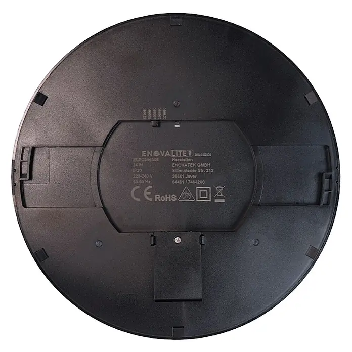 Enovalite LED-Deckenleuchte rund - 24 W, Ø x H: 29 x 1,95 cm, Schwarz, Schwarz, Mehrfarbig - Rückseite einer schwarzen, runden LED-Leuchte mit Produktetikett und Farbtemperatur-Einstellungen.