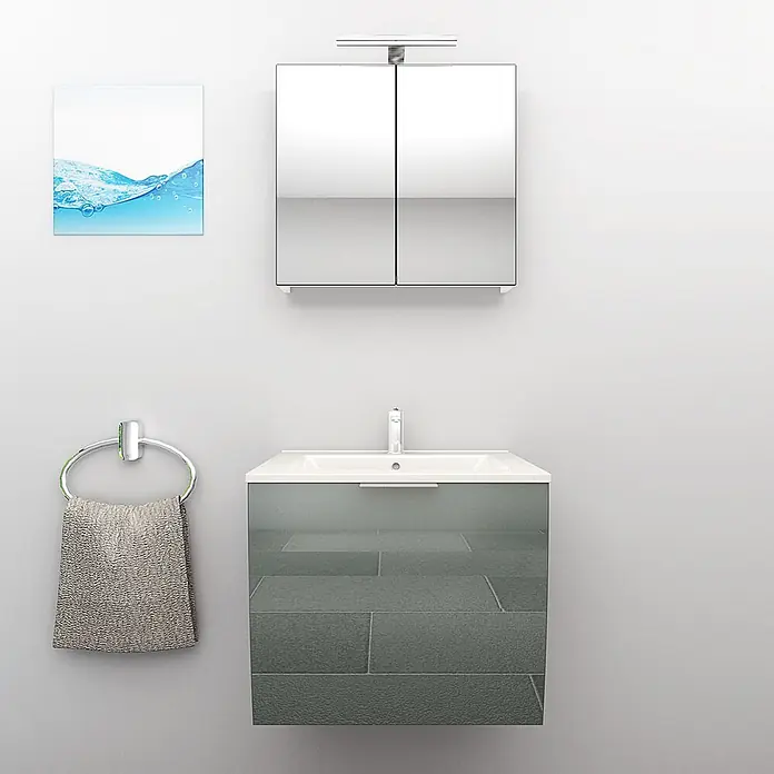 AcquaVapore Badmöbel-Set Fertigdusche Gently-1-B060-V1-F0102 -  - Moderne glänzende graue Badmöbel mit weißem Waschbecken, Spiegelschrank und Chrom-Handtuchhalter.
