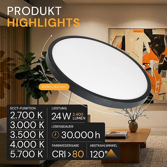 Enovalite LED-Deckenleuchte rund - 24 W, Ø x H: 29 x 1,95 cm, Schwarz, Schwarz, Mehrfarbig - Eine dünne, runde LED-Deckenleuchte (Ø290x19.5mm) mit schwarzem Rahmen und weißer Diffusorfläche, dargestellt in einem modernen Wohnzimmer.