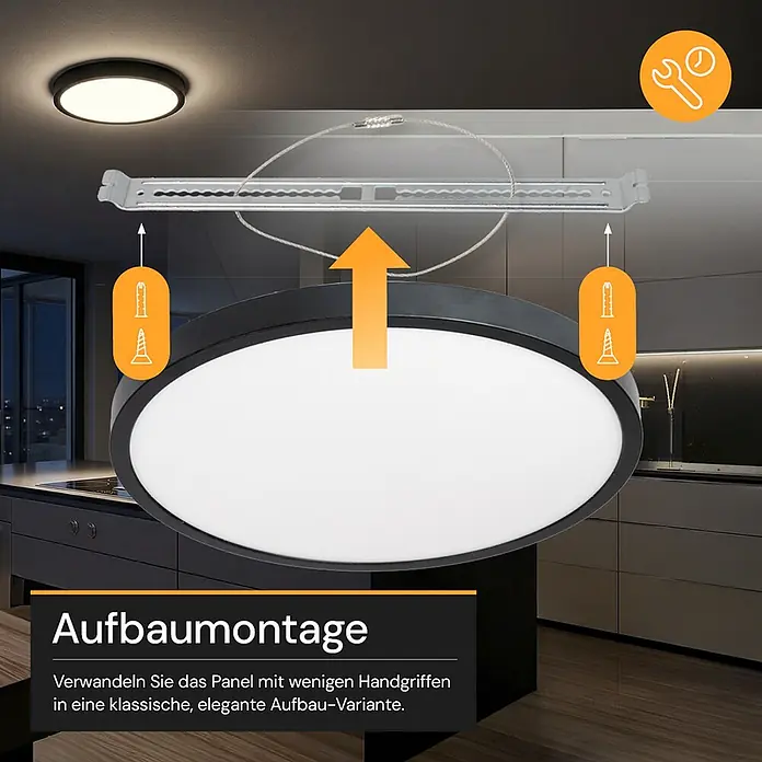 Enovalite LED-Deckenleuchte rund - 24 W, Ø x H: 29 x 1,95 cm, Schwarz, Schwarz, Mehrfarbig - Runde schwarze LED-Deckenleuchte mit Montagehalterung und Schrauben, zeigt die Aufbaumontage in einer modernen Küche.