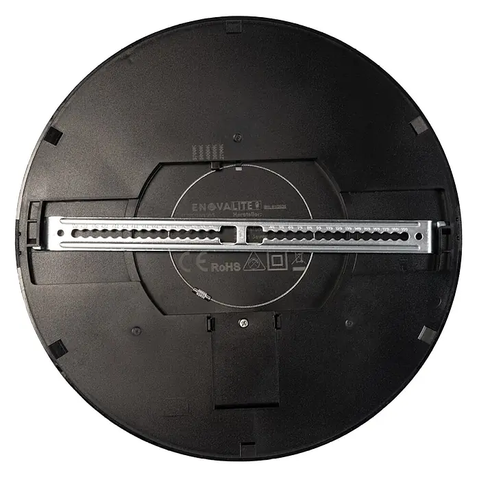Enovalite LED-Deckenleuchte rund - 24 W, Ø x H: 29 x 1,95 cm, Schwarz, Schwarz, Mehrfarbig - Rückseite einer schwarzen runden LED-Deckenleuchte mit silberner Montagehalterung und sichtbaren Zertifizierungen/Farbtemperatureinstellungen.