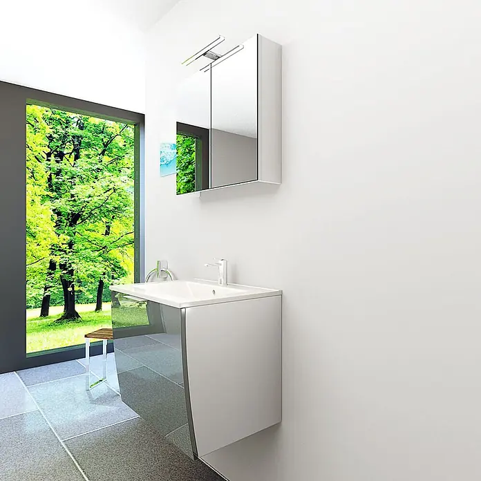 AcquaVapore Badmöbel-Set Fertigdusche Gently-1-B060-V1-F0102 -  - Weißer wandhängender Badunterschrank mit integriertem Waschbecken und passendem Spiegelschrank mit Beleuchtung.