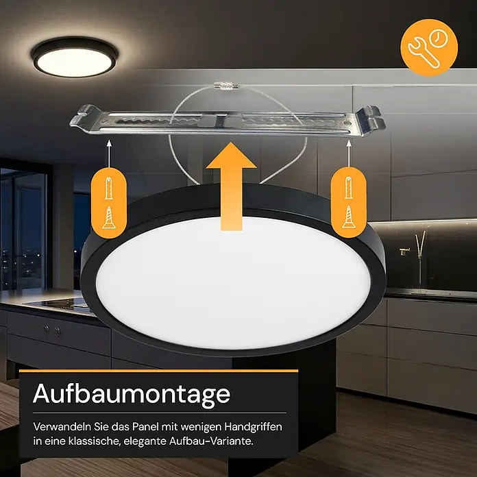 Enovalite LED-Deckenleuchte rund - 18 W, Schwarz, Schwarz, Mehrfarbig - Runde, schwarze LED-Aufbauleuchte bei der Montage an einer Decke, mit sichtbarer Halterung und Schrauben.