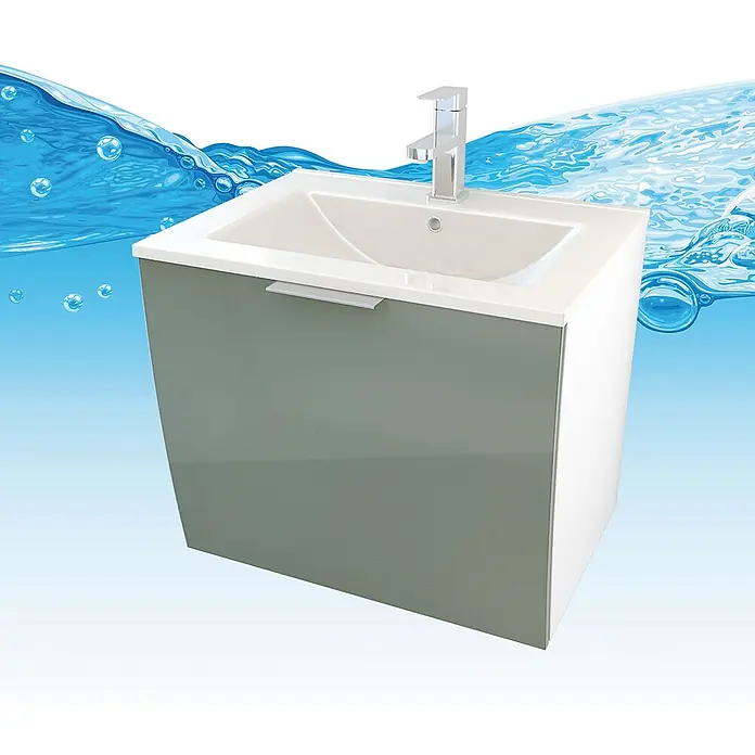 AcquaVapore Badmöbel-Set Fertigdusche Gently-1-B060-V1-F0102 -  - Grau-grüner und weißer Badezimmerwaschtisch mit integriertem weißen Waschbecken und Chromarmatur vor blauem Wasserhintergrund.