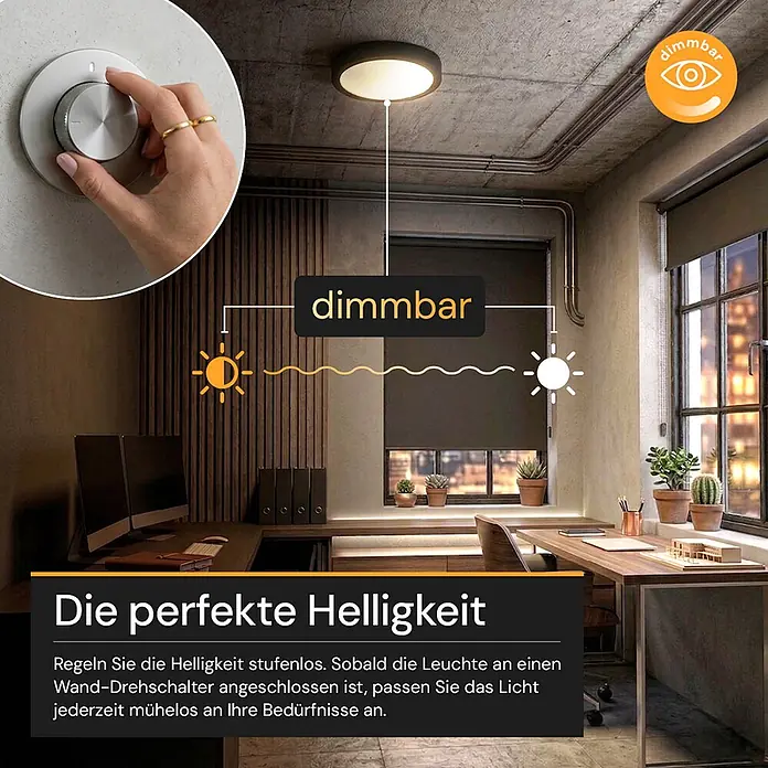 Enovalite LED-Deckenleuchte rund - 24 W, Schwarz, Schwarz, Mehrfarbig - Dimmbare Deckenleuchte in einem Büro, Helligkeit stufenlos per Drehschalter regelbar.