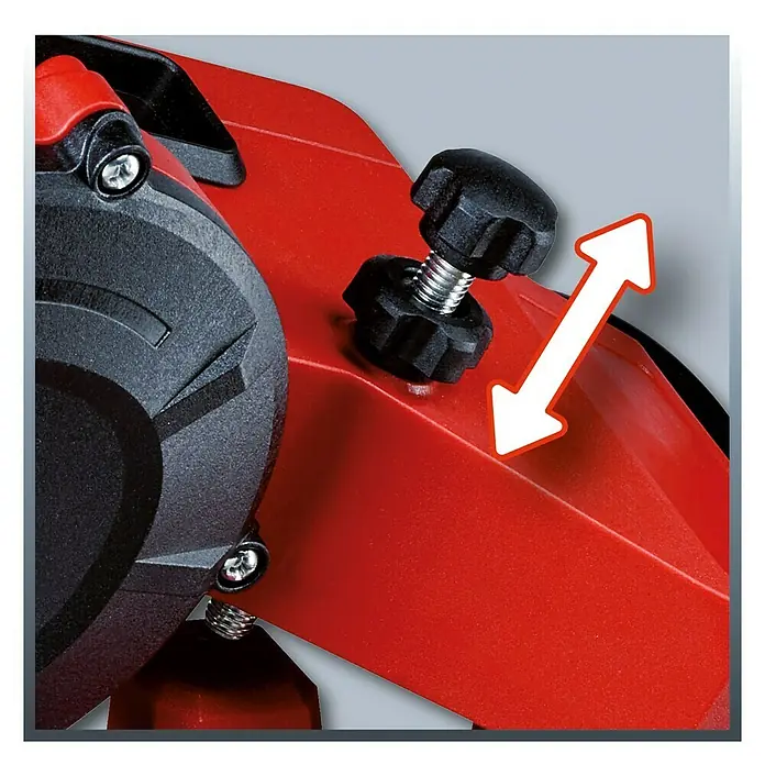 Einhell Power X-Change 18V Akku-Sägekettenschärfgerät GE-CS 18 Li-Solo - Mit LED-Beleuchtung, Schleifwinkeleinstellung, inklusive Schleifscheibe - Detailaufnahme einer Einhell-Maschine mit roter Abdeckung und schwarzem Griff. Die Pfeilmarkierung deutet auf eine mögliche Bewegung hin.