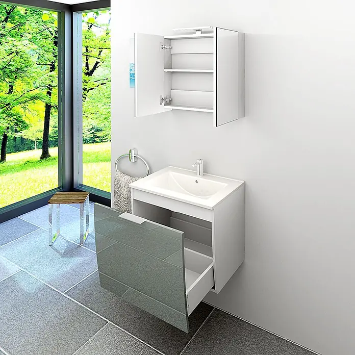 AcquaVapore Badmöbel-Set Fertigdusche Gently-1-B060-V1-F0102 -  - Wandmontierter weißer Badunterschrank mit grauer Schubladenfront und Waschbecken, kombiniert mit offenem weißen Spiegelschrank.