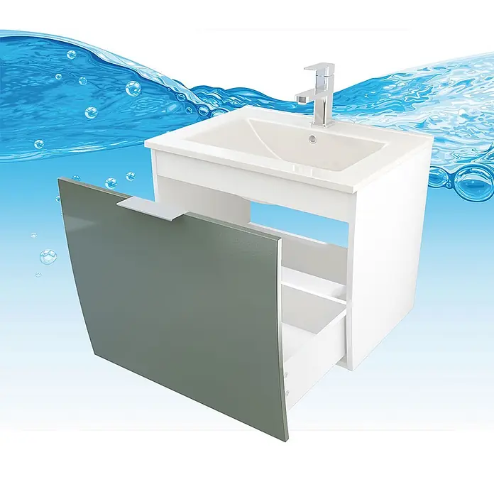 AcquaVapore Badmöbel-Set Fertigdusche Gently-1-B060-V1-F0102 -  - Moderner weißer Waschtischunterschrank mit Keramikbecken, Chromarmatur und offener matt graugrüner Tür über einer ausgezogenen Schublade.
