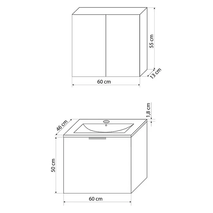 AcquaVapore Badmöbel-Set Fertigdusche Gently-1-B060-V1-F0102 -  - Weißes Badmöbelset: Wandschrank (60x55x13 cm) und Waschtischunterschrank mit Waschbecken (60x50x46 cm), Maße angegeben.