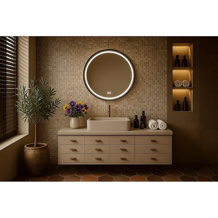 Cordia Lichtspiegel - 60 x 60 cm, Schwarz - Moderner beigefarbener Badschrank mit rechteckigem Waschbecken und rundem LED-Spiegel.