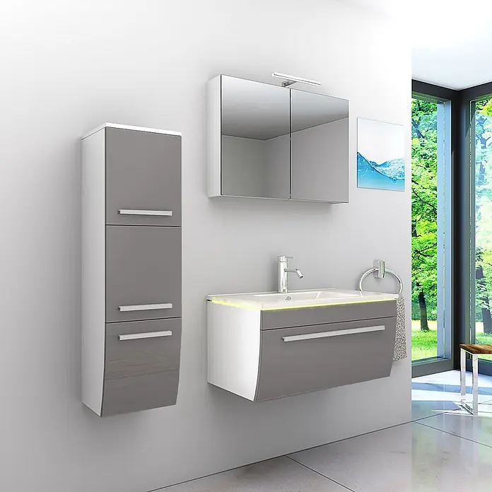 AcquaVapore Badmöbel-Set Fertigdusche Gently-3-B080-V2-L-F0102 -  - Modernes Badmöbelset in Weiß und Grau mit Waschbecken, Hochschrank und Spiegelschrank.