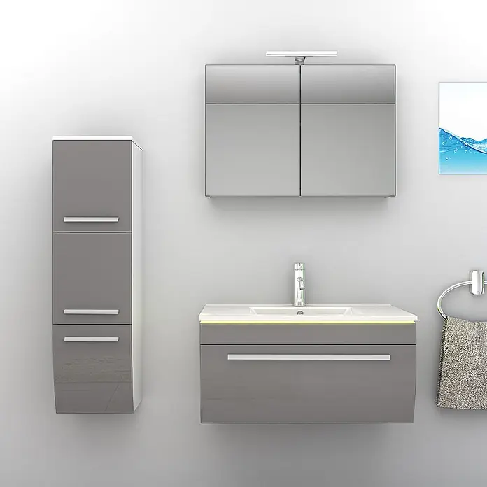AcquaVapore Badmöbel-Set Fertigdusche Gently-3-B080-V2-L-F0102 -  - Modernes graues Badmöbel-Set mit weißem Waschbecken, Spiegelschrank und hohem Hochschrank, mit Chromakzenten.