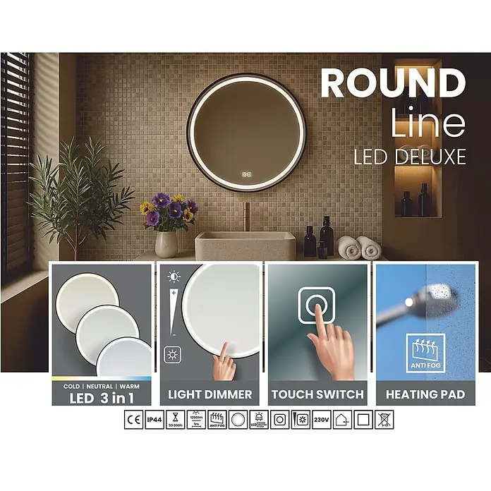 Cordia Lichtspiegel - 60 x 60 cm, Schwarz - Runder LED-Spiegel mit 3-in-1-Licht (kalt, neutral, warm), Dimmfunktion, Touch-Schalter und Anti-Beschlag-Heizmatte, über einem Waschbecken installiert.