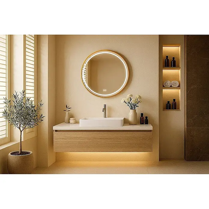 Cordia Lichtspiegel - 60 x 60 cm, Gold - Modernes Badezimmerwaschtischset mit weißem Rechteckwaschbecken, schwebendem Holzunterschrank und goldgerahmtem, beleuchtetem Rundspiegel.