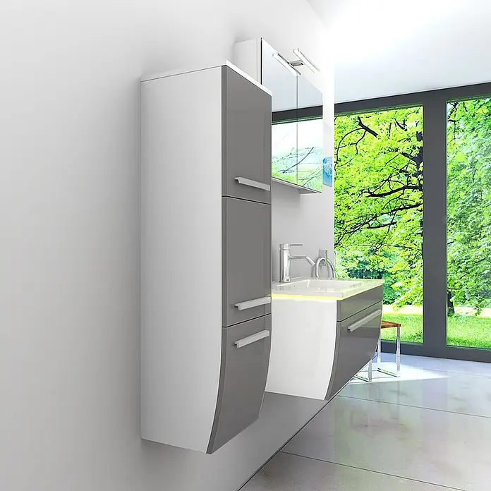 AcquaVapore Badmöbel-Set Fertigdusche Gently-3-B080-V2-L-F0102 -  - Modernes Badmöbelset in Weiß und Grau Hochglanz mit Waschbecken, Hochschrank und Spiegelschrank, in einem geräumigen Bad.
