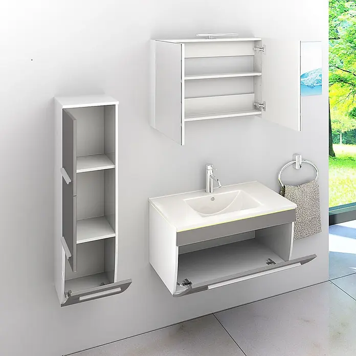 AcquaVapore Badmöbel-Set Fertigdusche Gently-3-B080-V2-L-F0102 -  - Modernes weiß-graues wandmontiertes Badmöbel-Set: Waschbeckenunterschrank, Hochschrank und Spiegelschrank, alle offen mit Regalen.