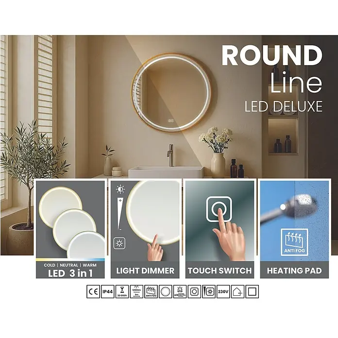 Cordia Lichtspiegel - 60 x 60 cm, Gold - Runder LED-Spiegel mit Goldrahmen im Bad, mit einstellbarem Licht (kalt, neutral, warm), Dimmer, Touch-Schalter und Anti-Beschlag.