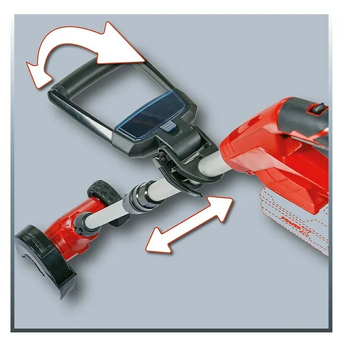 Einhell Power X-Change 18V Akku-Fugenreiniger GC-CC 18 Li-Solo - 18 V, Ohne Akku - Abbildung eines Akku-Rasentrimmers von Einhell mit Teleskopstiel, verstellbarem Griff und schwenkbarem Motorkopf.