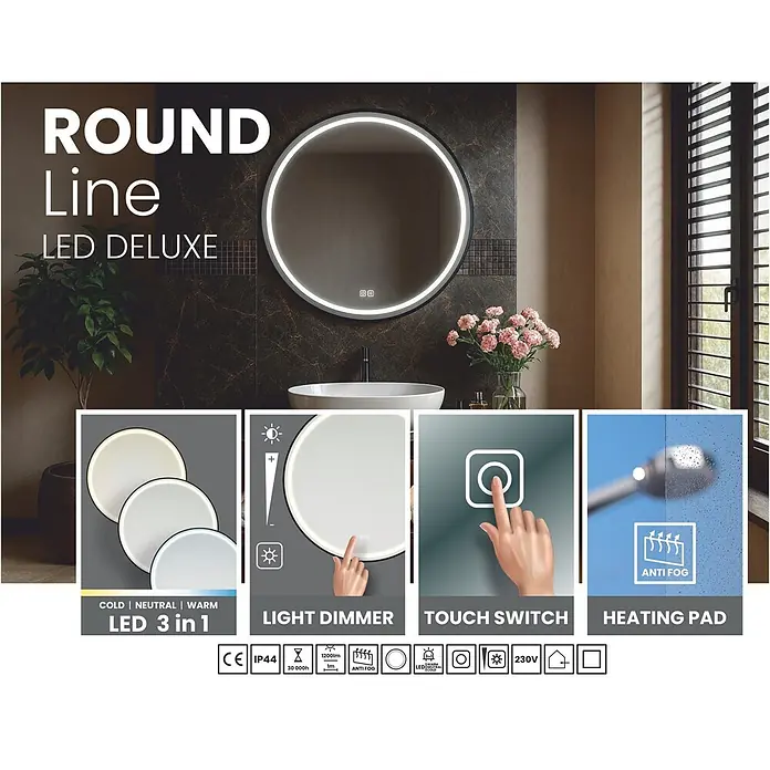 Cordia Lichtspiegel - 80 x 80 cm, Schwarz - Runder LED-Spiegel mit einstellbaren Lichtfarben (kalt, neutral, warm), Dimmfunktion, Touch-Steuerung und Anti-Beschlag-Heizmatte, in einem modernen Bad.