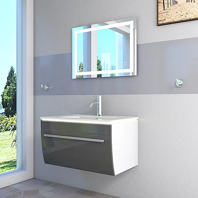 AcquaVapore Badmöbel-Set Fertigdusche Gently-3-B070-V1-F0102-LSP037050H - Gesamtbreite Badmöbel: 46 cm - Wandhängender Badunterschrank in Dunkelgrau-Weiß mit integriertem Waschbecken und beleuchtetem Spiegel.