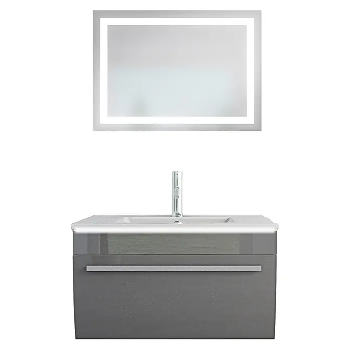 AcquaVapore Badmöbel-Set Fertigdusche Gently-3-B070-V1-F0102-LSP037050H - Gesamtbreite Badmöbel: 46 cm - Moderner grauer Bad-Waschtisch mit weißem Becken, silbernem Hahn und beleuchtetem Spiegel.