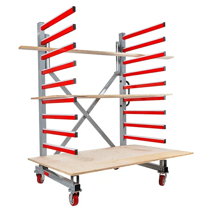 Holzmann Regalwagen TAW76 - H x B x T: 193 x 136 x 100 cm, Traglast pro Träger: 50 kg, Anzahl Fächer: 10 Stk., Grau/Rot - Mobiles graues Metalllagerregal mit roten Tragarmen und Holzbasis, auf Rollen, für Holz oder Plattenmaterial.