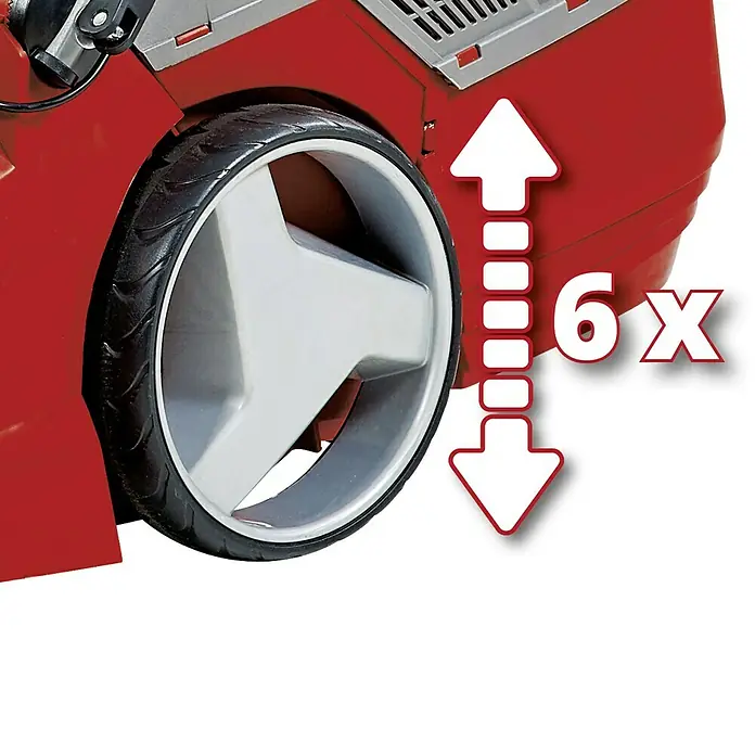 Einhell PXC 18V Cortacésped de batería GE-CM 43 Li M Kit - 18 V, 2 baterías, 4 Ah, Ancho de corte: 43 cm - La imagen muestra un dispositivo de jardinería rojo con una rueda que tiene una altura de corte ajustable seis veces.