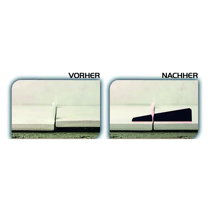 Heka Nivofix Laschen - Geeignet für: Plattenstärke 3 - 12 mm, 500 Stk. - Vorher/nachher: Bodennivelliersystem mit dunklem Keil und rosa Stift für bündige Bodenplatten.