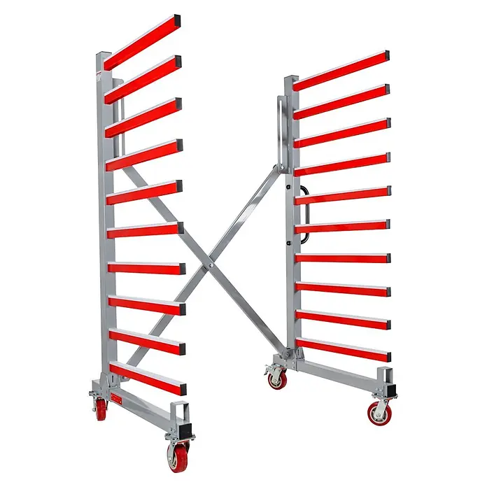 Holzmann Regalwagen TAW76 - H x B x T: 193 x 136 x 100 cm, Traglast pro Träger: 50 kg, Anzahl Fächer: 10 Stk., Grau/Rot - Mobiler Trockenwagen mit grauem Metallrahmen und mehreren roten Stützarmen auf Rollen.