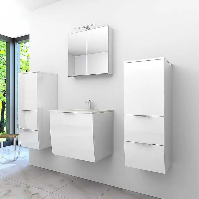 AcquaVapore Badmöbel-Set Fertigdusche Gently-1-B060-V3-F01-LED-EBox -  - Modernes weißes Hochglanz-Badmöbelset mit Waschtisch, zwei Hochschränken und Spiegelschrank.