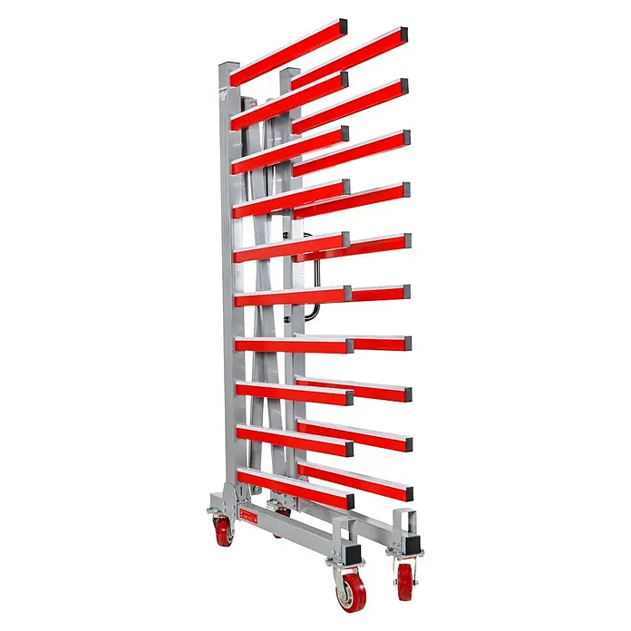 Holzmann Regalwagen TAW76 - H x B x T: 193 x 136 x 100 cm, Traglast pro Träger: 50 kg, Anzahl Fächer: 10 Stk., Grau/Rot - Mobiles graues Lagerregal mit rot-weißen Armen und roten Rollen.