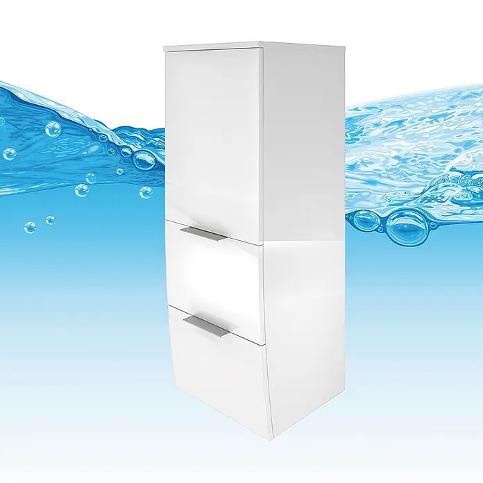 AcquaVapore Badmöbel-Set Fertigdusche Gently-1-B080-V2-R-F01 - Gesamtbreite Badmöbel: 46 cm - Weißer Hochglanz-Bad Hochschrank mit Tür und zwei Schubladen vor blauem Wasserhintergrund.