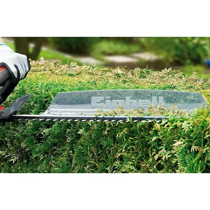 Einhell Power X-Change 18V Akku-Heckenschere GC-CH 1855/1 Li-Solo - 18 V, Ohne Akku, Schnittlänge: 55 cm - Eine elektrische Heckenschere von Einhell schneidet eine grüne Hecke, mit Schutzvorrichtung. Ideal für Gartenarbeit und Landschaftspflege.