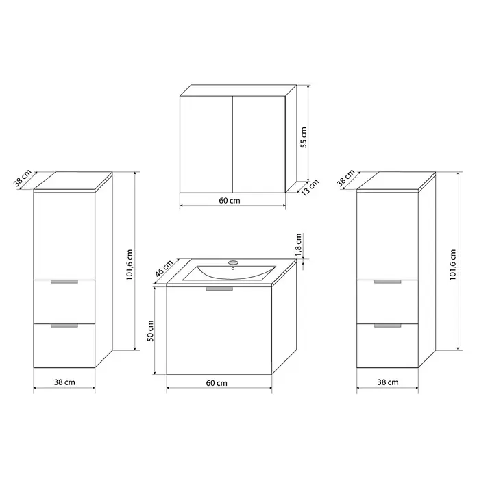 AcquaVapore Badmöbel-Set Fertigdusche Gently-1-B060-V3-F01-LED - Gesamtbreite Badmöbel: 46 cm - Set weißer Badmöbel: Waschtischunterschrank mit Waschbecken, Wandschrank und zwei hohe Schubladenschränke.