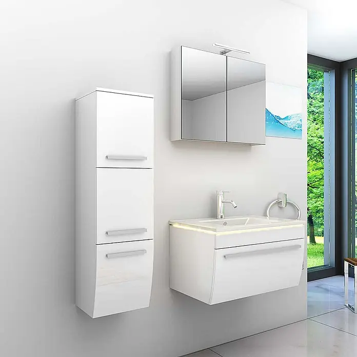 AcquaVapore Badmöbel-Set Fertigdusche Gently-3-B070-V2-L-F01-LED-EBox - Gesamtbreite Badmöbel: 46 cm - Moderner, weißer Badmöbel-Set: Hochschrank, beleuchteter Spiegelschrank und schwebender Waschtisch mit Becken und integrierter Beleuchtung.