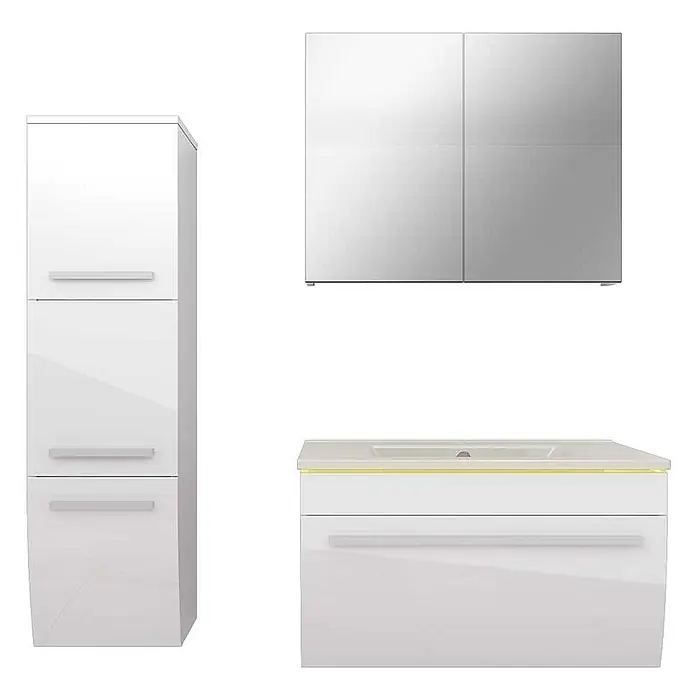 AcquaVapore Badmöbel-Set Fertigdusche Gently-3-B070-V2-L-F01-LED-EBox - Gesamtbreite Badmöbel: 46 cm - Weißes Hochglanz-Badmöbel-Set mit Hochschrank, Spiegelschrank und Waschtischunterschrank mit Becken und gelbem Akzent.