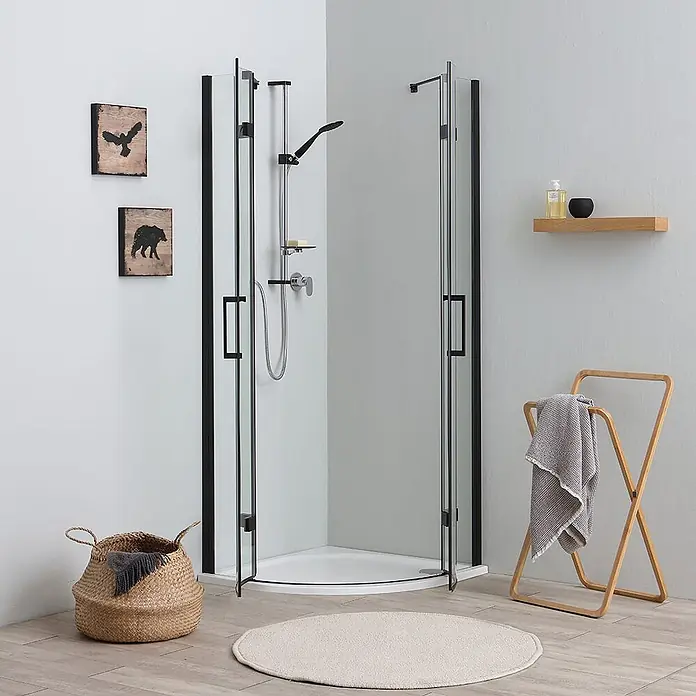 Kiamami Valentina Runddusche - 80 x 80 x 190 cm, Trasparent, Schwarz - Moderne Eckduschkabine mit schwarzen Rahmen und Klarglastüren, minimalistisches Design im Badezimmer.