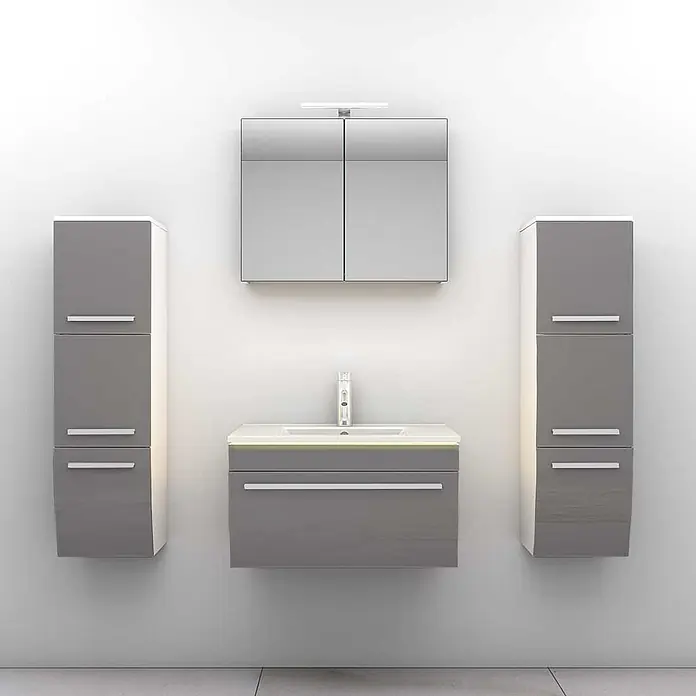 AcquaVapore Badmöbel-Set Fertigdusche Gently-3-B070-V3-F0102-LED - Gesamtbreite Badmöbel: 46 cm - Wandmontiertes graues Badmöbel-Set mit Waschbecken, Spiegelschrank und zwei Hochschränken.