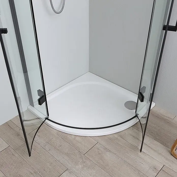 Kiamami Valentina Runddusche - 80 x 80 x 190 cm, Trasparent, Schwarz - Viertelkreis-Duschkabine mit Klarglas, schwarzen Profilen und weißer Duschwanne für Eckmontage.