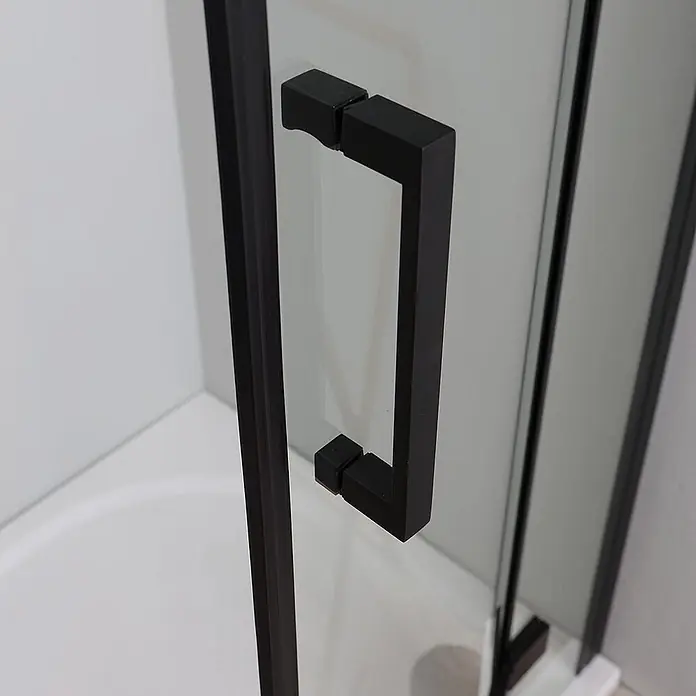 Kiamami Valentina Runddusche - 80 x 80 x 190 cm, Trasparent, Schwarz - Mattschwarzer, quadratischer Duschkabinen-Griff.