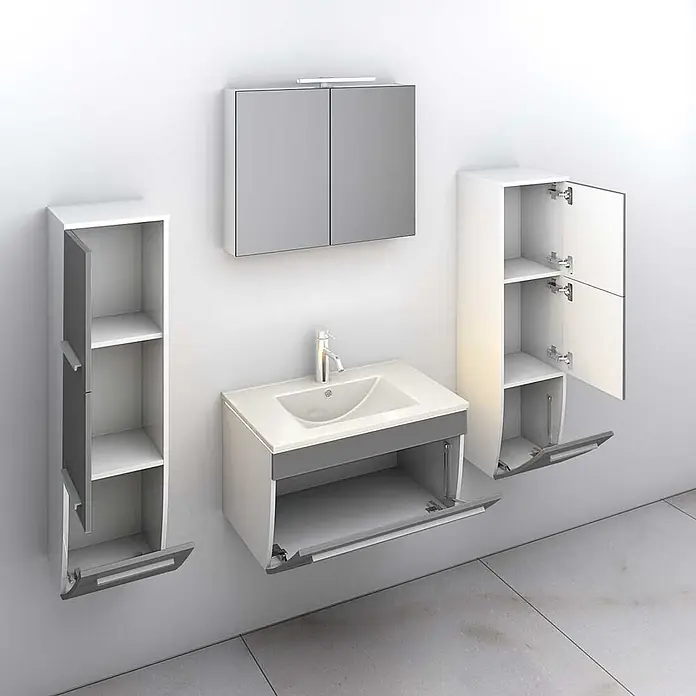 AcquaVapore Badmöbel-Set Fertigdusche Gently-3-B070-V3-F0102-LED - Gesamtbreite Badmöbel: 46 cm - Modernes Badezimmermöbel-Set in Weiß und Grau mit Waschbecken, Spiegelschrank und hohen Seitenschränken. Türen sind offen, zeigen Innenregale.