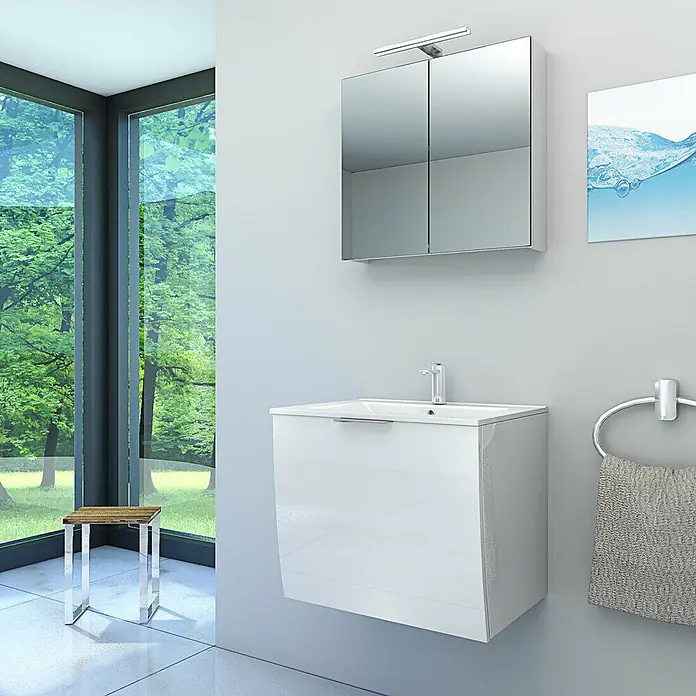 AcquaVapore Badmöbel-Set Fertigdusche Gently-1-B060-V1-F01-LED-EBox -  - Weißer wandmontierter Badezimmer-Waschtischunterschrank mit integriertem Waschbecken und Armatur, unter einem Spiegelschrank mit Beleuchtung.