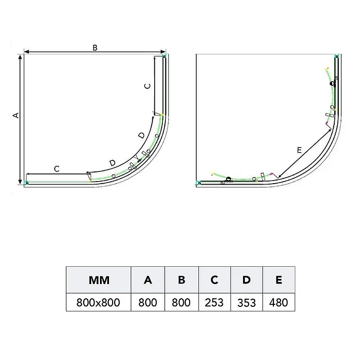 Kiamami Valentina Runddusche - 80 x 80 x 185 cm, Transparent - Diagramm einer Viertelkreis-Duschkabine mit Bemaßungen A, B, C, D, E und einer Wertetabelle für 800x800mm.