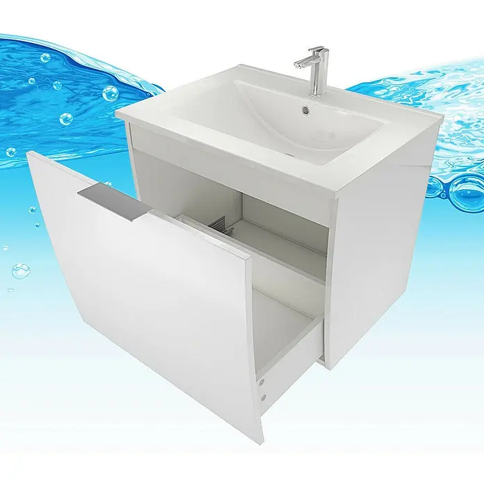 AcquaVapore Badmöbel-Set Fertigdusche Gently-1-B060-V1-F01-LED -  - Weißer Badezimmerschrank mit Keramikwaschbecken und Chromarmatur. Eine untere Schublade ist geöffnet und zeigt Stauraum.