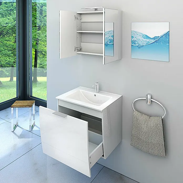 AcquaVapore Badmöbel-Set Fertigdusche Gently-1-B060-V1-F01-LED-EBox -  - Modernes weißes Badmöbel-Set mit integriertem Waschbecken und offener Schublade, dazu ein Spiegelschrank mit Regal.