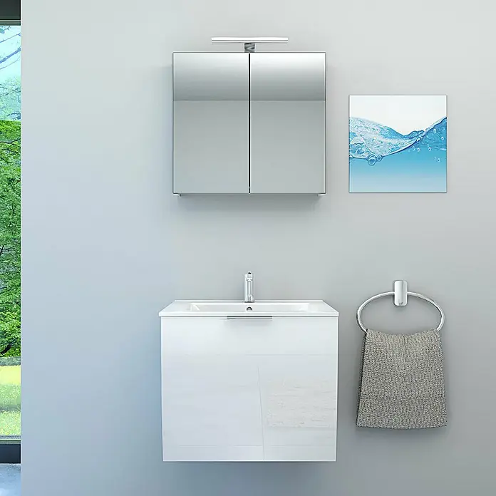 AcquaVapore Badmöbel-Set Fertigdusche Gently-1-B060-V1-F01-LED-EBox -  - Modernes weißes Badmöbelset mit Spiegelschrank, Waschbecken, Armatur und Handtuchring.