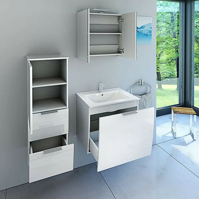 AcquaVapore Badmöbel-Set Fertigdusche Gently-1-B060-V2-L-F01-LED-EBox -  - Modernes weißes Badmöbel-Set mit Waschbeckenunterschrank, Hochschrank und Spiegelschrank, offene Türen und Schubladen.
