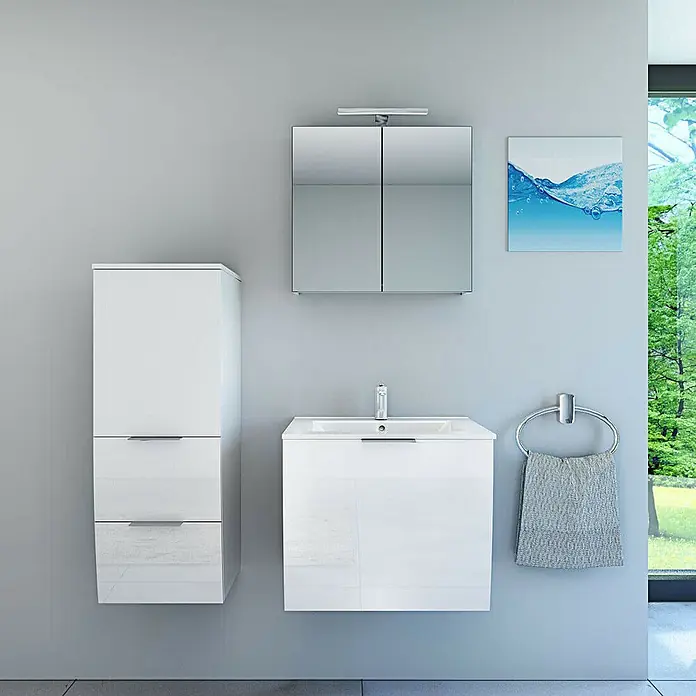 AcquaVapore Badmöbel-Set Fertigdusche Gently-1-B060-V2-L-F01-LED-EBox -  - Weißer Hochglanz-Badmöbel-Set mit Waschbeckenunterschrank, Hochschrank und Spiegelschrank mit Beleuchtung.